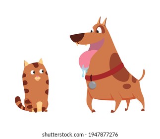 Cats and dog characters best happy friends. Together playing isolated on white background. Funny flat cartoon colorful friendship pets. Vector illustration