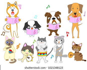 Cats and dog concerts. Dogs and cats are playing instruments and singing.
