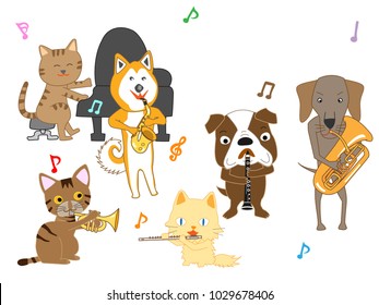 Cats and dog concerts. Cats and dogs are playing with musical instruments.
