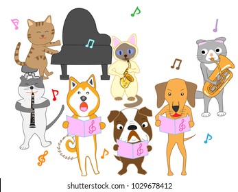 Cats and dog concerts. Cats and dogs are playing with musical instruments.
