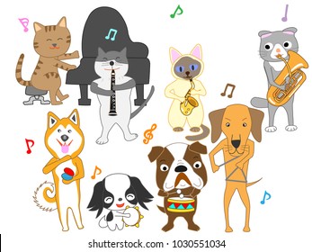 Cats and dog concerts. Cats and dogs are playing instruments.
