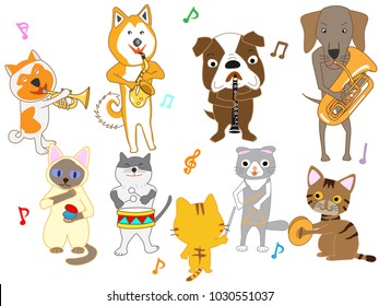 Cats and dog concerts. Cats and dogs are playing instruments.
