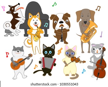 Cats and dog concerts. Cats and dogs are playing instruments.
