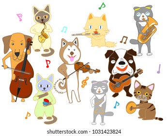 Cats and dog concerts. Cats and dogs are playing instruments.

