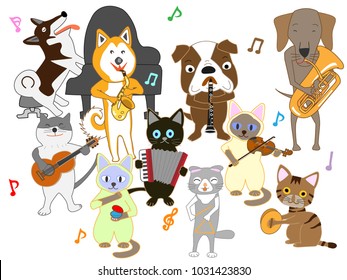 Cats and dog concerts. Cats and dogs are playing instruments.
