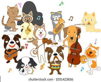 Cats and dog concerts. Cats and dogs are playing instruments.
