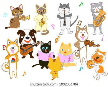 Cats and dog concerts. Cats and dogs are playing instruments.

