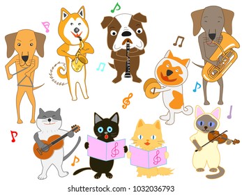 Cats and dog concerts. Cats and dogs are playing instruments.
