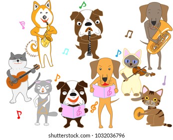 Cats and dog concerts. Cats and dogs are playing instruments.
