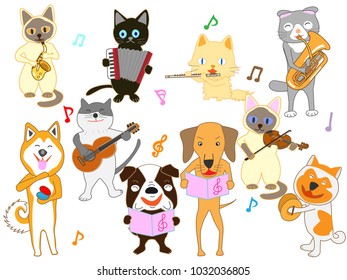 Cats and dog concerts. Cats and dogs are playing instruments.
