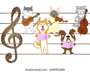 Cats and dog concerts. Cats and dogs are singing and playing instruments.
