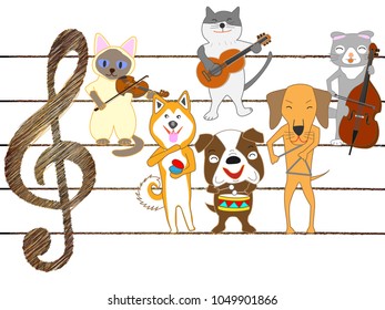 Cats and dog concerts. Cats and dogs are singing and playing instruments.

