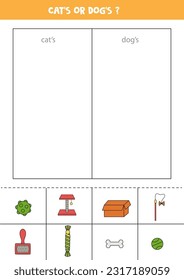 Cats or dogs accessory. Match cards with pet items. Logical game for kids.