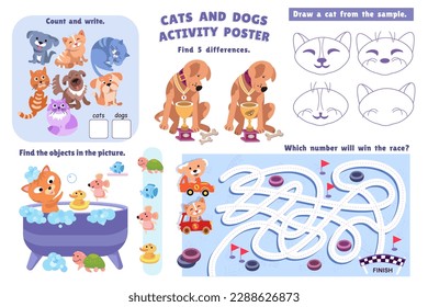 Afiche de actividad de gatos y perros. Conectar pares, labrar, encontrar diferencias, escribir números. Juegos de color para niños en preescolar. Personajes de dibujos animados. Ilustración vectorial.