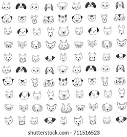 cats and dogs animal doodle line seamless pattern