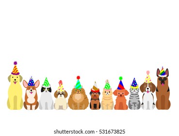 cats and dogs border set with colorful party hat