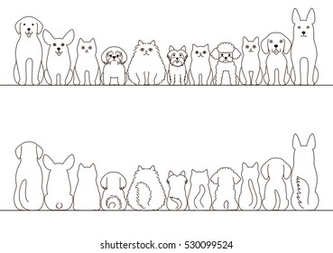 cats and dogs border set, front view and rear view, line art