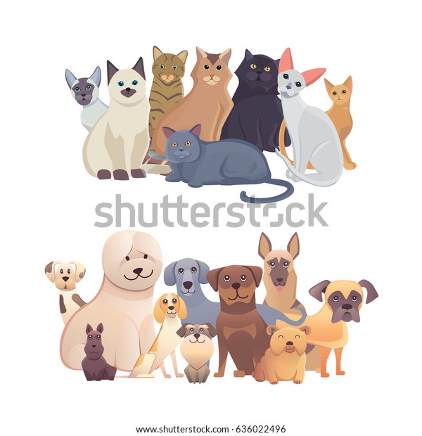 猫と犬の境界セット 正面図 漫画のイラストを集めたペットコレクション のベクター画像素材 ロイヤリティフリー