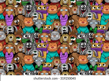 cats and dogs cartoon seamless pattern - positive comic pets. Vector illustration.