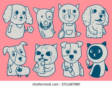 cats and dogs characters doodle style in pastel mono color, cartoon in everyday life concept