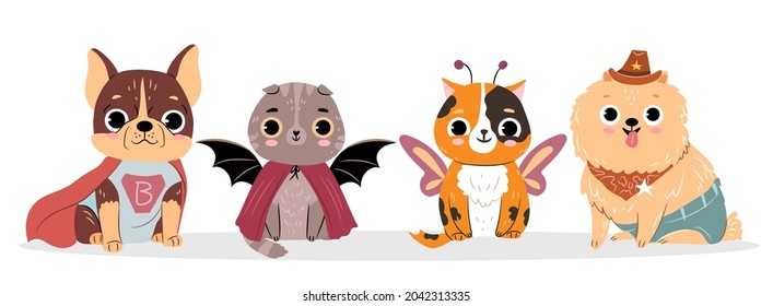 Cats and dogs in costumes for Halloween. Set of cute isolated baby bulldog, scottish fold cat, spitz. Flat vector cartoon illustration