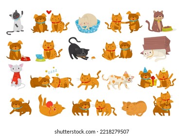 Cats and Dogs Domestic Pet with Cute Snout Engaged in Different Activity Big Vector Set