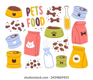 Cats dogs dry and wet food, drinks in different packs, packets and bottles set vector illustration. Canine or feline feeding plates, conserve cans, crispy bones pouch, snack preserves and milk glass