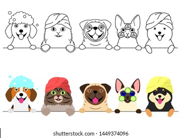 cats and dogs enjoying spa in a row svg