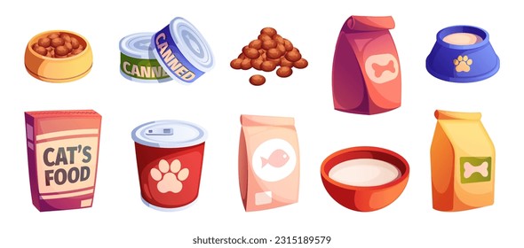 Cats and dogs food. Cartoon domestic pets feed with healthy snacks and treat, feline and canine animal food packaging, veterinary products. Vector collection. Packages for puppies and kittens