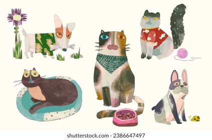 Cats and dogs illustration. watercolor painting. animals.
