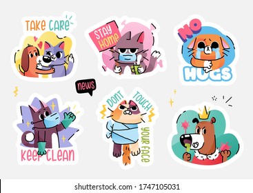 Cats and dogs in medical face mask fighting coronavirus. Self quarantine and isolation concept stickers. Vector illustration