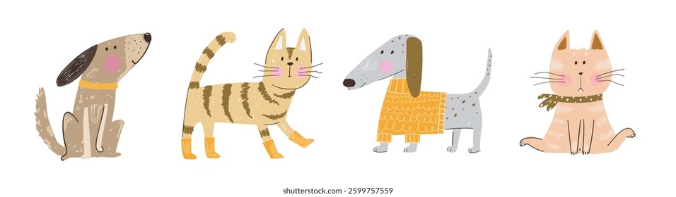 Cats and dogs modern print design, hand drawn in pencil scribble style. Animals nursery art, modern print for t-shirt. Artistic hand drawn animals vector decorative design.