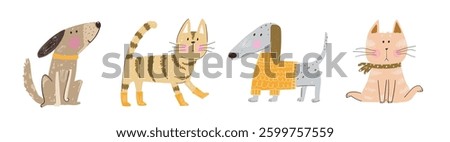 Cats and dogs modern print design, hand drawn in pencil scribble style. Animals nursery art, modern print for t-shirt. Artistic hand drawn animals vector decorative design.