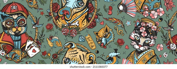 Cats and dogs pattern. Old school tattoo style. Portrait of kitty geisha princess at sailor cat. Traditional tattooing style. Pets art, animals background 