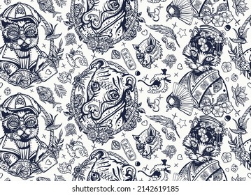 Cats and dogs pattern. Old school tattoo style. Portrait of kitty geisha princess at sailor cat. Traditional tattooing style. Pets art, animals background