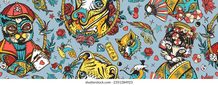 Cats and dogs pattern. Pets art, animals background. Old school tattoo style. Portrait of kitty geisha princess at sailor cat. Traditional tattooing style