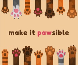 Cats And Dogs Paws Cartoon Background. Animals Feet With Claws And Pads. Adopting Puppy, Kitten, Pet From Pound, Sheltering, Caring. Zoological Garden Flyer. Vector Illustration, Poster, Banner.