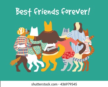 Cats and dogs pets group animal friends friendship hugs. Color vector illustration. EPS8