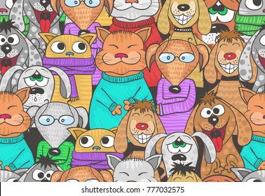 Cats and dogs - seamless funny cartoon style winter pattern, holiday kitten and puppies smiling