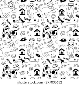 Cats and dogs seamless pattern. Black and white. Vector