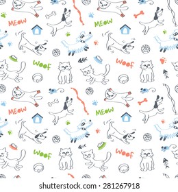 Cats And Dogs Seamless Pattern On White Background In Vector