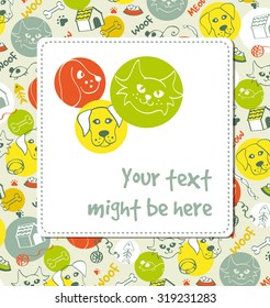 Cats and dogs square banner or card in bright colors with space for text. Vector