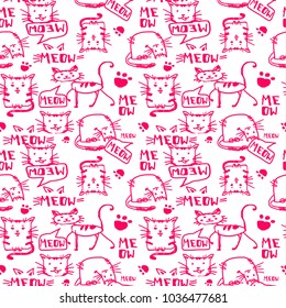 cats doodle pattern in pink color