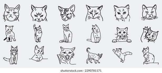 Cats doodle set. Collection of hand draw templates patterns of adorable kitten kitty sleeping stretching playing. Cat with angry face, happy face, Illustration domestic animals. 