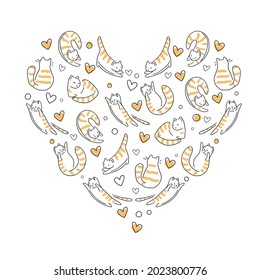 Garabatos.  Ilustración dibujada a mano por el vector de gatos. Gatos a rayas de tigre. Doodle de forma cardíaca. Ilustración de amor