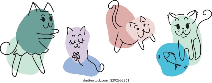 Cats doodle vector set. Cartoon cat or kitten characters design collection with flat color in different poses on white background.