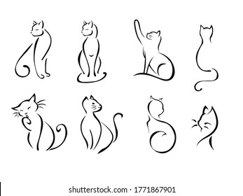 cats drawing set. Cat doodles in abstract hand drawn style, black and white line art vector illustration. kitten Isolated On White Background.