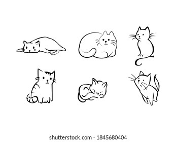 conjunto de dibujos de gatos. Doodles de gato en estilo abstracto dibujado a mano, ilustración vectorial de línea blanca y negra. gatito Aislado En Fondo Blanco.