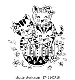 Cats , drawing, vector, illustration, coloring book, line art, zentangle, animal, Cats hand draw, black and white pencil vector lllustation on white background