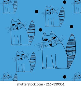 Cats are drawn on a blue background with a black outline. Vector seamless pattern.
